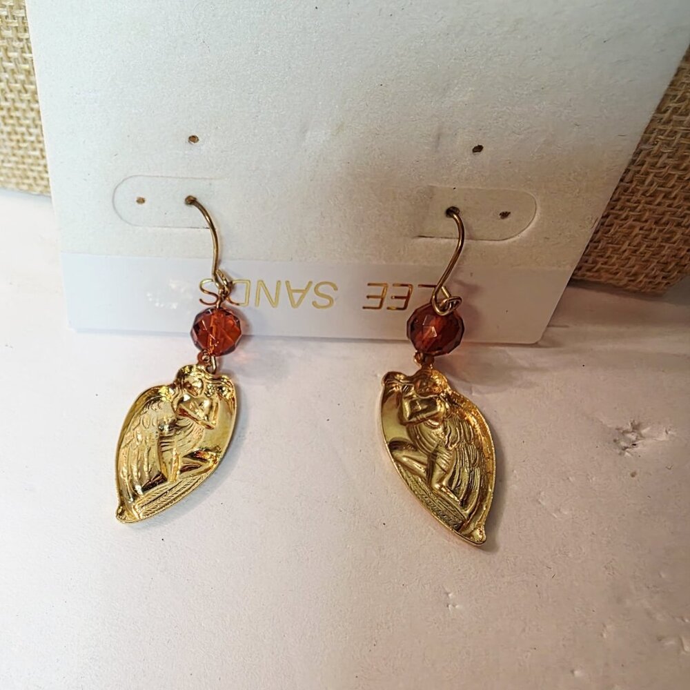 Vtg Lee Sands Winged Angels Dangle Drop Gold Tone Amber Bead Earrings - Picture 3 of 4